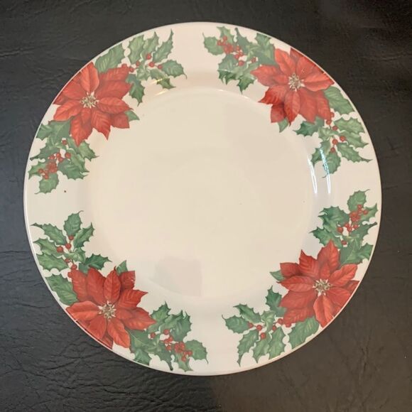 Hallmark Poinsettia Christmas Dinner Plate 10 1/2 Inches Round Red Green White - Picture 1 of 5
